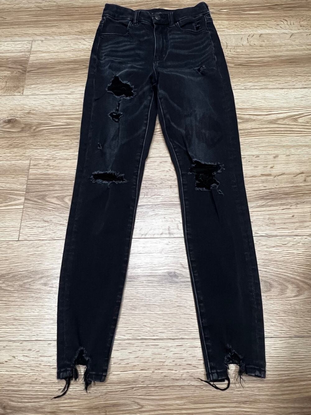 American Eagle Womens Jeans Size 0 Black Distressed Ripped Stretch (A91)